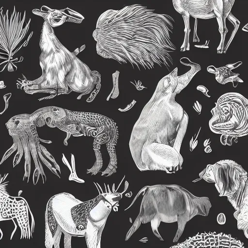 Image similar to animals and plants on a black background, wallpaper, Illustration, Anatomical Drawing, Painting