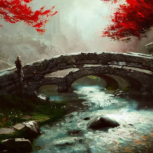 Image similar to acrylic painting, impressionism and expressionism, bold colors, expressive brushstrokes. a stone bridge over a river in riverwood, skyrim. raining. wide - angle shot. overcast. springtime. fantasy art by wadim kashin, cgsociety, nature art