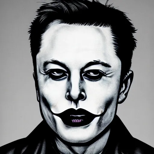 Image similar to elon musk as joker, highly detailed face, 8 k, 3 5 mm film