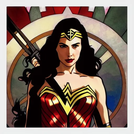 Prompt: gal gadot as wonder woman, mucha style,