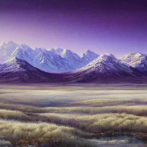 Prompt: A professional digital landscape painting of a vast wintery tundra with peaking mountains in the background, painted by Terese Nielsen, 4k, digital art, trending on cgsociety, highly detailed, upper body shot, shallow depth of field, purple and yellow lighting, professional lighting, airbrush,