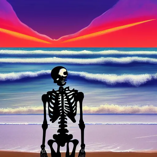 Prompt: Beautiful digital painting portrait of relaxed skeleton walking on the tropical beach with nuclear bomb explosion on the ocean in the background, high quality, trending on Artstation, highly detailed big nuclear explosion in the background, realistic, tropical color scheme, anatomically correct skeleton, high coherence, beautiful aesthetic lighting