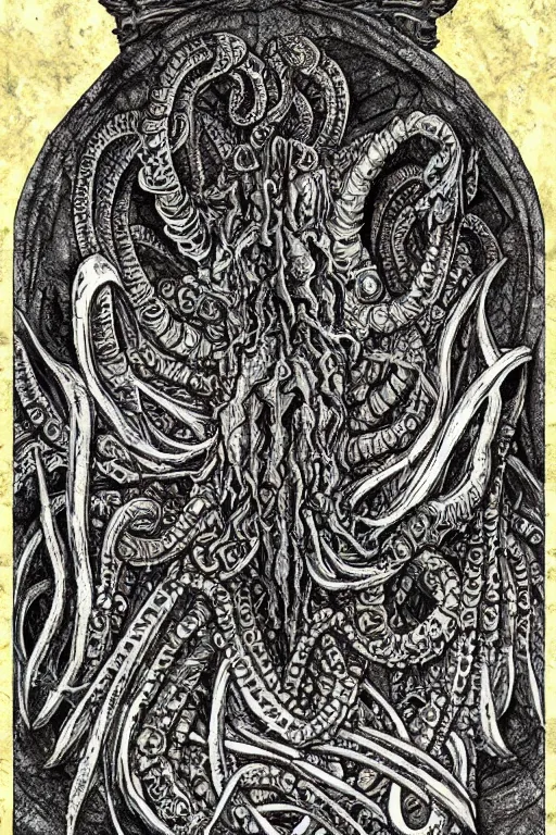 Image similar to ancient eldritch horror cthulhu, concept art, digital art, tarot card, highly detailed, ornate border