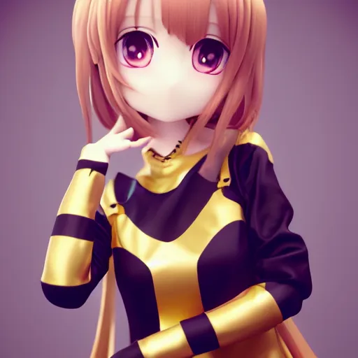 Prompt: cute fumo plush of a girl in gold and black who is energetic, anime girl, stylized rendering, vray