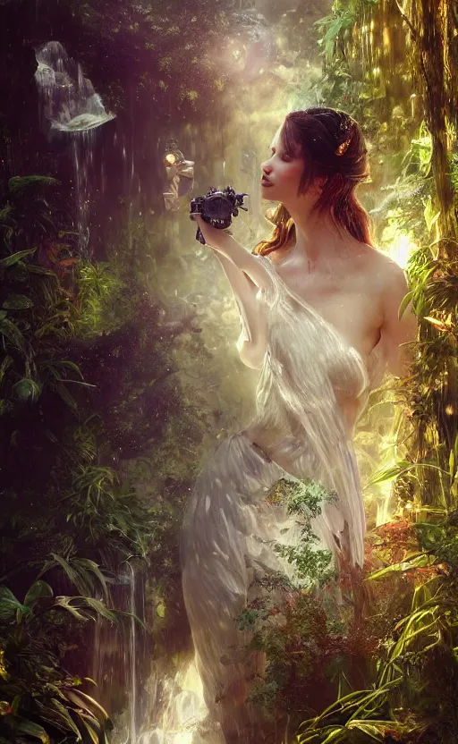 Image similar to hyper realistic photographer looking through a vintage medium format camera, taking pictures, magic pouring from lens, fantasy castle, full body waterfall water dress, design on white background, beautiful details, lush foliage cyberpunk, gold, drawn by john singer sargent, tom bagshaw, norman rockwell, alphonso mucha, lolish, trending on artstation