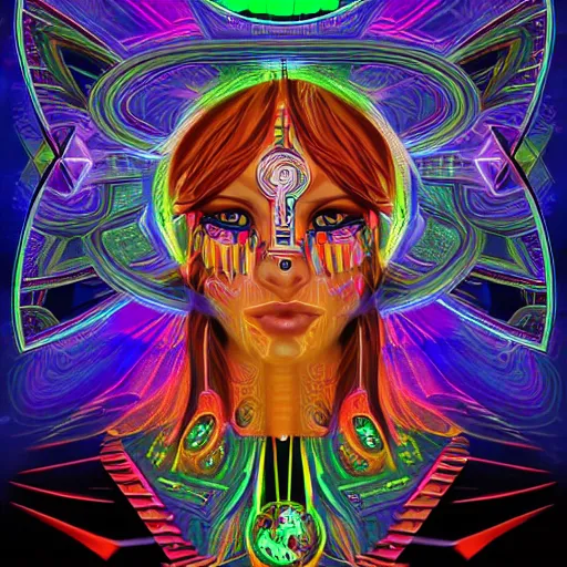 Image similar to portrait of a future metaverse tech Ayahuasca shaman warrior, 2D cartoon, visionary art, symmetric, Magick symbols, holy halo, shipibo patterns, sci-fi, concept art, trending on art station, 8k digital art