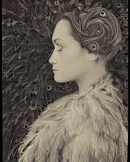 Image similar to a woman's face in profile, made of intricate owl feathers, in the style of the dutch masters and gregory crewdson, dark and moody