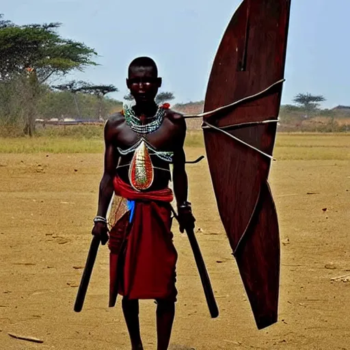 Image similar to a masai warrior with an ironing board for a shield