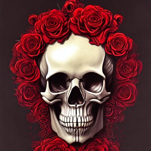 Image similar to skull made of red roses, organic horror, devil, death, giger, epic, baroque, extremely detailed and intricate, artstation, digital painting, alphonse mucha, artgerm, greg rutkowski, cgsociety