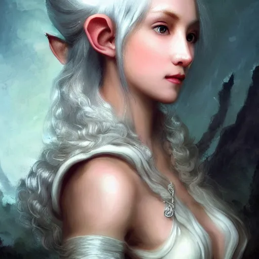 Prompt: Portrait of a young, beautiful and elegant silver-haired elf queen， full of details, Rococo style， Classical oil painting， concept art, smooth, by Ina Wong and wlop ，trending on cgsociety and artstation，8kHDR，light effect，-H 768