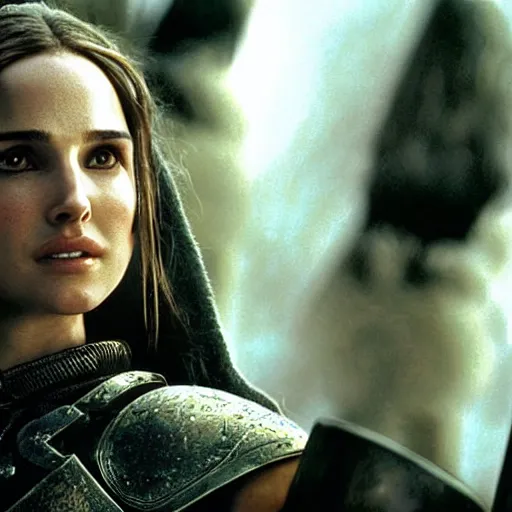 Prompt: a still from “ lord of the rings ” of a head and shoulders portrait of natalie portman as a heavily armored paladin, photo by phil noto