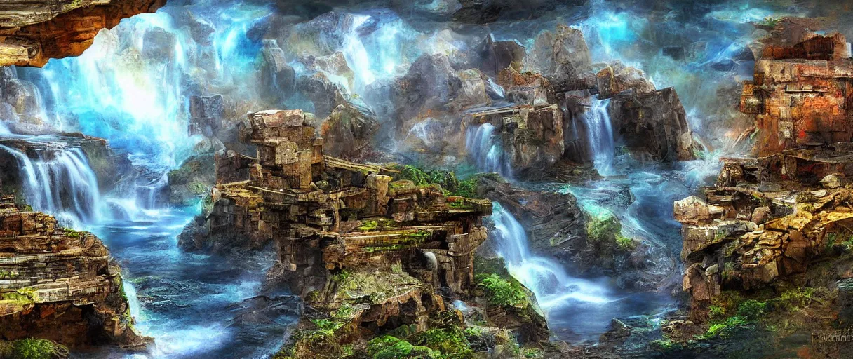 Image similar to a crumbling island in space, waterfalls, in style bruce ricker, digital art, detailed, depth of field