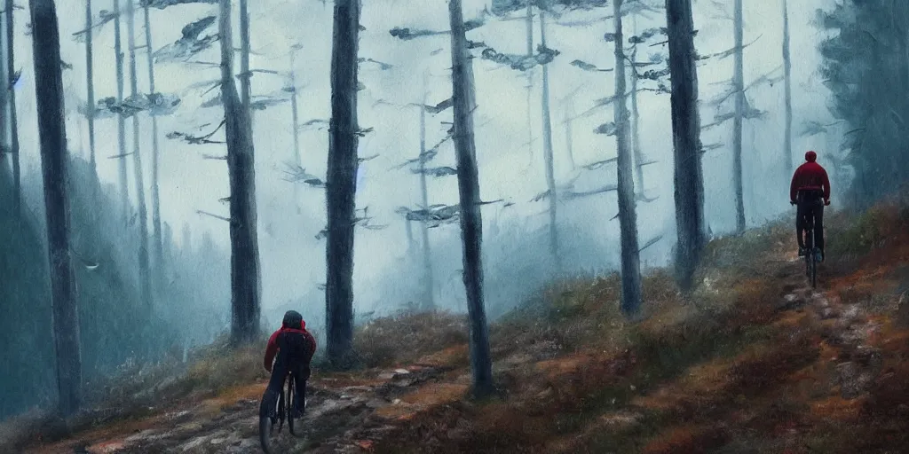 Image similar to Exact two men biking alone up a steep forest hill. One with a deep dark blue sweater and the other with a wine red sweater. sweaty. Oil painting. Emotional. Trending on artstation. Steep. Nordic Trees. Rustic. Artistic.