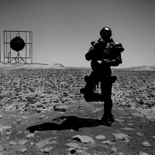 Image similar to a heavily armored man wearing a hazmat suit and gasmask, in the desert, surrealist structures in background, film still, arriflex 3 5