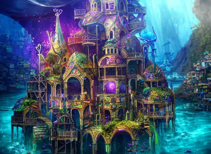 Image similar to favela fantasy cathedral, underwater environment, sorcery, scenery, professional, award - winning, trending on artstation, hyper detailed, realistic, beautiful, emotional, shiny, colorful, picture