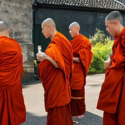 Prompt: group of monks worshiping a bottle of buckfast