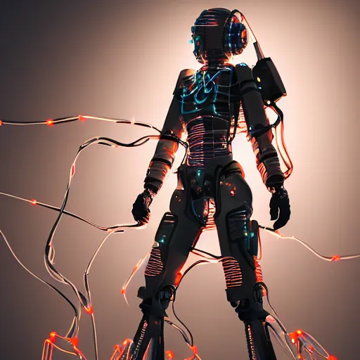 Image similar to a beautiful fighting body of a bot fighter pilot woman mostly made of wires and electronic circuits led luminous, an ultrafine detailed illustration by james jean, final fantasy, intricate linework, bright colors, behance contest winner, vanitas, angular, altermodern, unreal engine 5 highly rendered, global illumination, radiant light, detailed and intricate environment