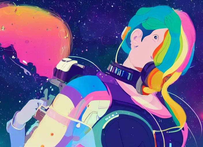 Image similar to a beautiful woman with rainbow hair floating in space. she is an astronaut, wearing a space suit, fixing her space rocket. clean cel shaded vector art. shutterstock. behance hd by lois van baarle, artgerm, helen huang, by makoto shinkai and ilya kuvshinov, rossdraws, illustration, art by ilya kuvshinov