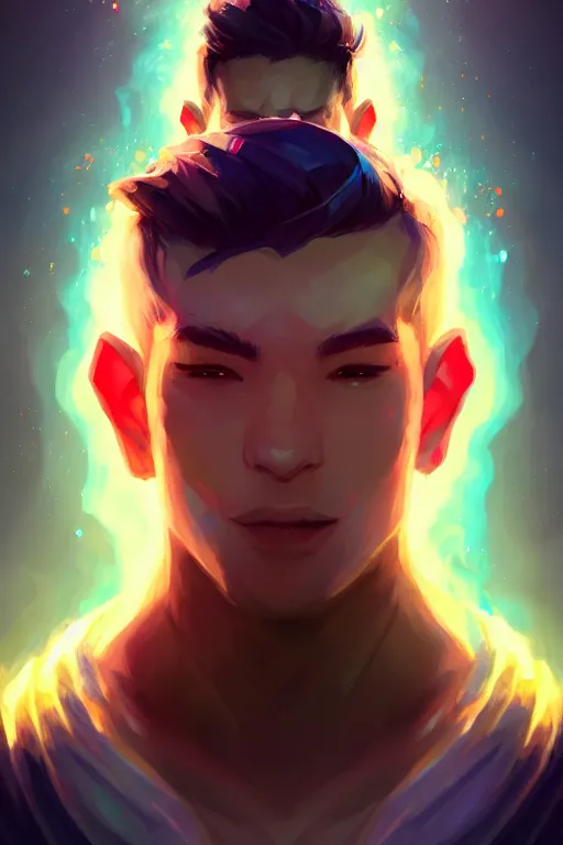Prompt: a human elemental sorcerer, mountainous lake setting, colorful magic effects, white skin, portrait, male, clothed, sharp focus, digital art, concept art, trending on artstation, dynamic lighting, by emylie boivin and rossdraws