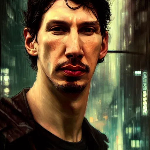 Image similar to adam driver, hyperrealistic portrait, bladerunner street, art of elysium by jeremy mann and alphonse mucha, fantasy art, photo realistic, dynamic lighting, artstation, poster, volumetric lighting, very detailed face, 4 k, award winning