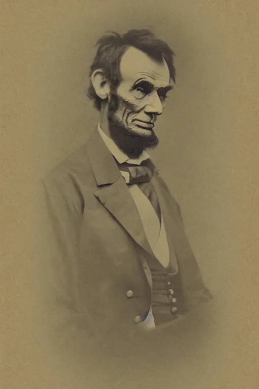 Prompt: abraham lincoln in a kimono, portrait, full body, symmetrical features, silver iodide, 1 8 8 0 photograph, sepia tone, aged paper, sergio leone, master prime lenses, cinematic