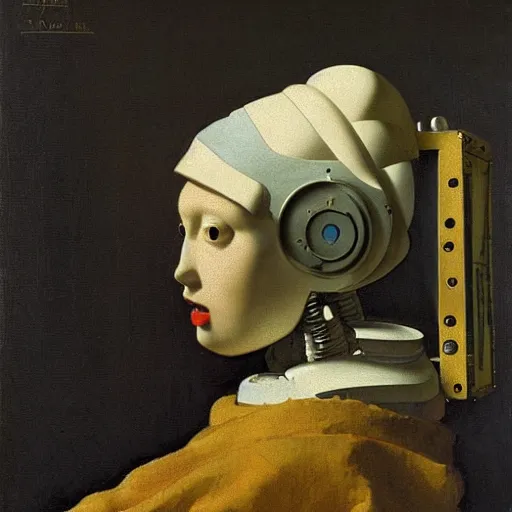 Image similar to a portrait of a detailed cybernetic robot by vermeer