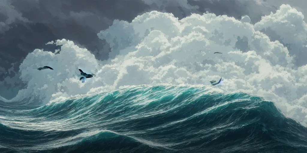 Image similar to A fishing boat rides a huge wave in a stormy sea, an intense storm blacks out the sky, fork lightning, dark and epic, Greg Rutkowski and Studio Ghibli