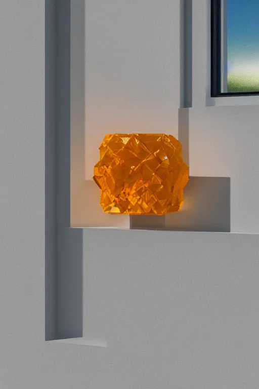 Image similar to a giant cubic orange and yellow crystal on a white table near a window at sunset, hyperrealistic, highly detailed, high qualit, 8K, godrays, warm lighting, path traced, high coherence, calm, macro photo, symmetrical, photorealistic, low contrast, serene landscape, beautiful, geometric, octane render