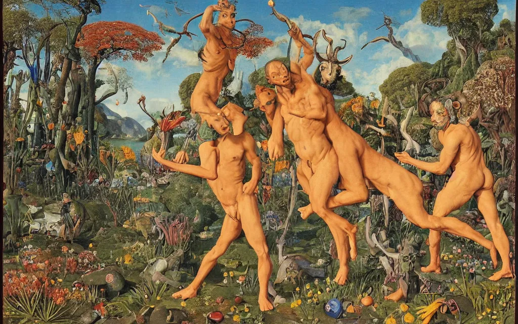 Image similar to a portrait photograph of a meditating satyr and a centaur monk riding a rocket machine and hunting at a river delta. surrounded by bulbous flowers and trees. mountain range under a blue sky of fiery stars. by jan van eyck, max ernst, ernst haeckel, ernst fuchs and artgerm, cgsociety, fashion editorial, 8 k