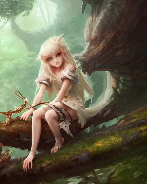 Prompt: concept art of a dragon girl, wearing tight medival clothes, sitting on a log in a mystical forest | | cute - fine - fine details by stanley artgerm lau, wlop, rossdraws, james jean, andrei riabovitchev, marc simonetti, and sakimichan, trending on artstation