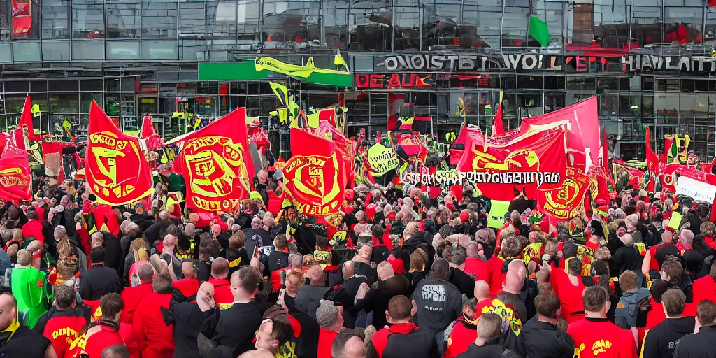 Prompt: # glazersout protests outside old trafford theatre of dreams against the glazers, # glazersout, chaos, protest, banners, placards, burning, pure evil, 8 k, wide angle lens, 1 6 - 3 5 mm, symmetry, cinematic lighting