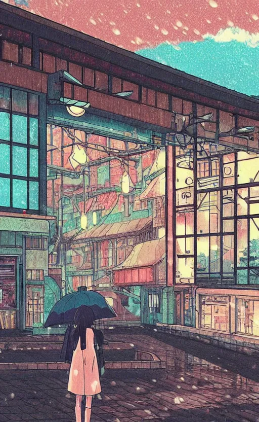 Image similar to train station, rainy day, anime, japan, ghibli, 9 0 s, retro style, aesthetic, chill, room