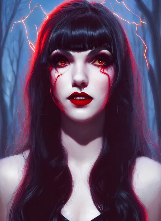 Image similar to portrait of vampire veronica lodge with bangs, vampire fangs, vampire, long hair, red clothes, bangs, vampironica, intricate, elegant, glowing lights, highly detailed, digital painting, artstation, concept art, smooth, sharp focus, illustration, art by wlop, mars ravelo and greg rutkowski