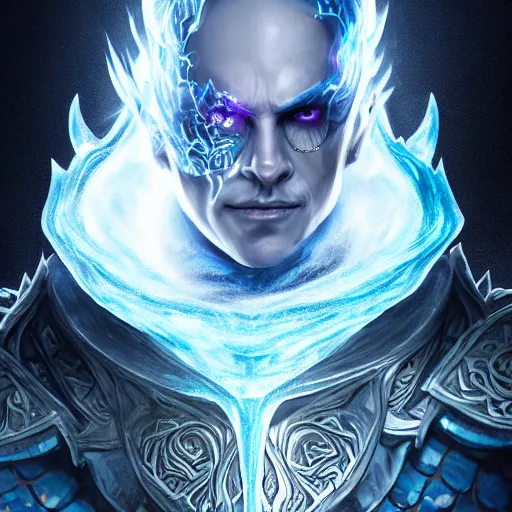 Prompt: a portrait of a evil ice magician in glass armor releasing spell, full height, moving forward, concept art, trending on artstation, highly detailed, intricate, sharp focus, digital art, 8 k