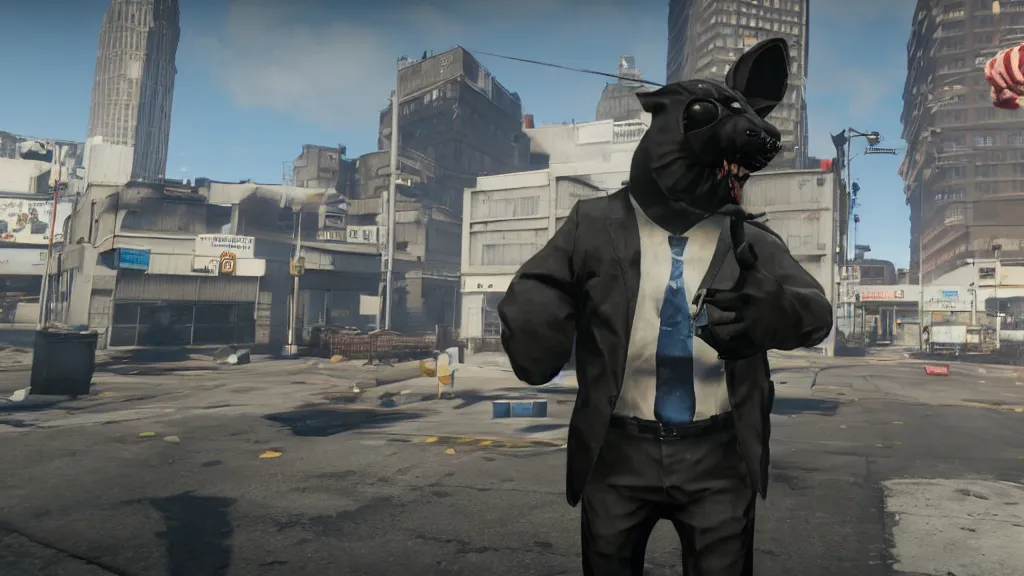 Image similar to Screenshot from the PC game Payday 2 demonstrating the fursuit unlock