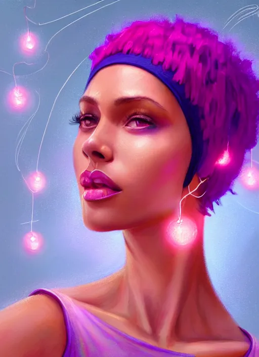 Image similar to portrait of vanessa morgan with bright pink hair, curly pixie cut hair, wearing a purple breton cap, breton cap, hoop earrings, intricate, elegant, glowing lights, highly detailed, digital painting, artstation, concept art, smooth, sharp focus, illustration, art by wlop, mars ravelo and greg rutkowski