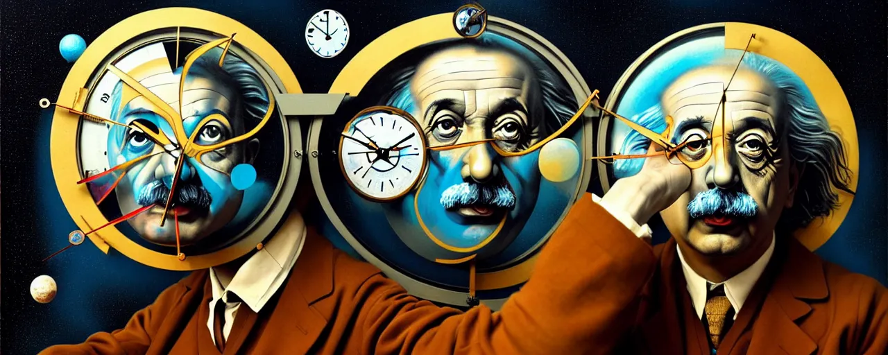 Image similar to duotone surrealist illustration 3 / 4 portrait of albert einstein measuring time on salvadore dali clock in outer space. golden ratio accidental renaissance. by sachin teng and sergey kolesov and ruan jia and heng z. graffiti art, scifi, fantasy, hyper detailed. octane render. concept art. trending on artstation