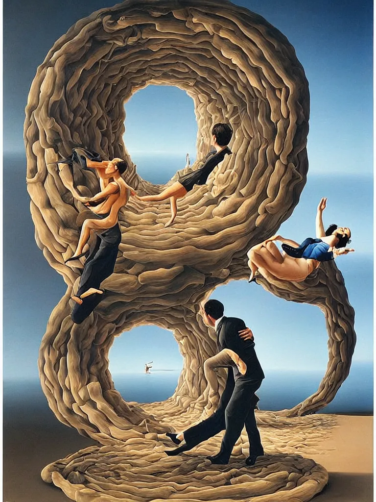 Image similar to optical illusion painting of a couple dancing in a worm hole, illusionism, mind blow, by leandro erlich and salvador dali, detailed