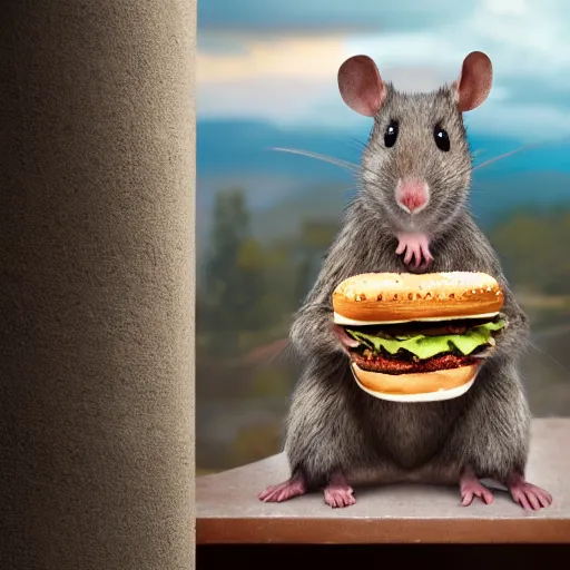 Image similar to an anthropomorphic rat!!!!! sitting at a desk, eating a burger, photorealism, 4 k, 8 k, shot by jimmy nelson, intricate