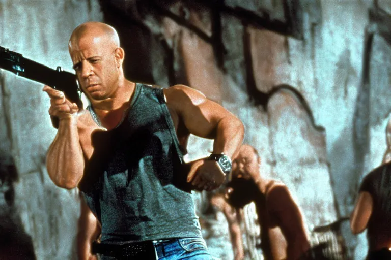 Image similar to film still of Vin Diesel as John McClane in Die Hard 1988