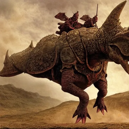 Image similar to triceratops rider in norse armor concept, beksinski