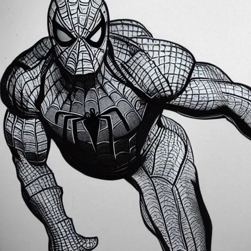 Image similar to dwayne johnson as spiderman in style of black pen line drawing, very detailed