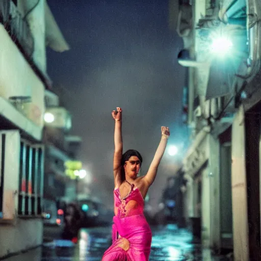 Prompt: Habibi dances in the moonlight on a rainy city street