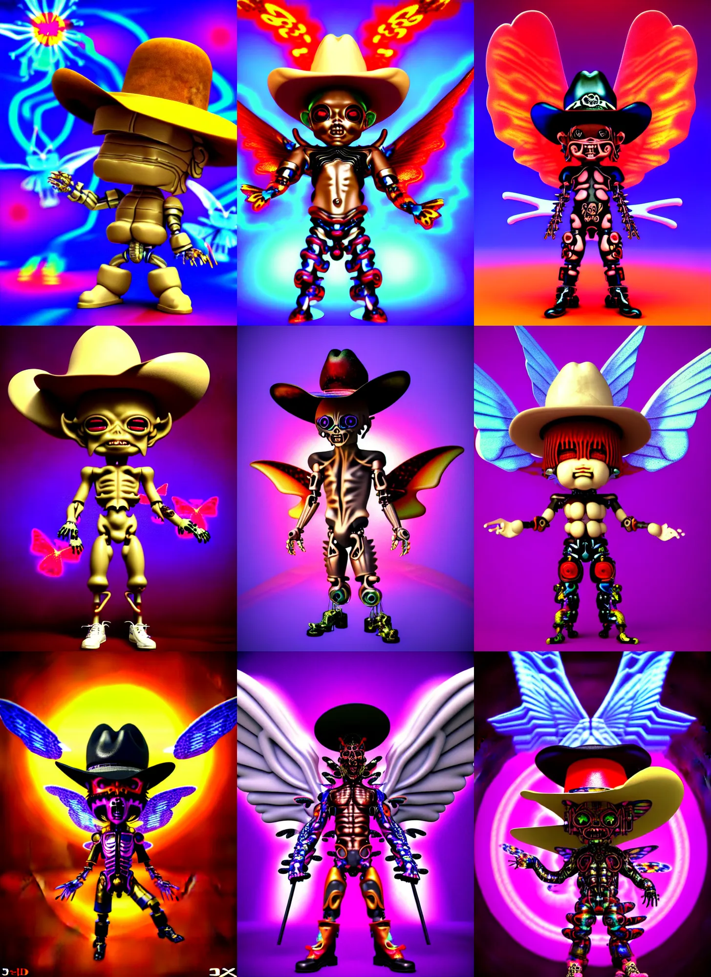 Prompt: 3d render of chibi cyborg demon by Ichiro Tanida wearing a big cowboy hat and wearing angel wings against a psychedelic swirly background with 3d butterflies and 3d flowers n the style of 1990's CG graphics 3d rendered y2K aesthetic by Ichiro Tanida, 3DO magazine