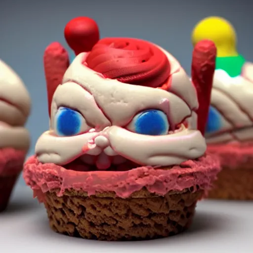 Prompt: ice cream cupcake shaped like screaming chucky doll, octane render, centered, ultrarealistic