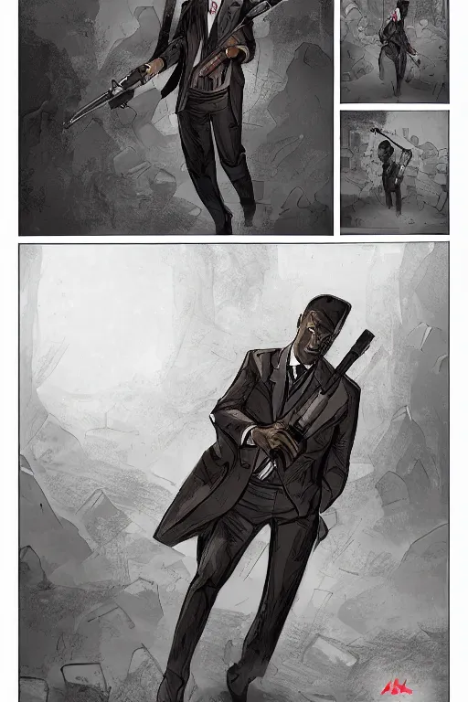 Image similar to rabbit as a hitman, dynamic lighting, fantasy concept art, trending on art station, stunning visuals, creative, cinematic, ultra detailed, comic strip style