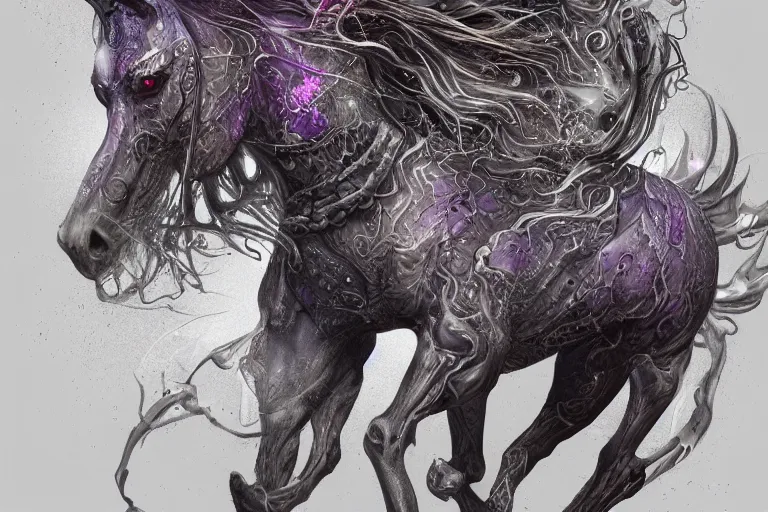 Image similar to a wlop 3 d render of very very very very highly detailed beautiful mystic portrait of a phantom undead horse with whirling galaxy around, tattoos by anton pieck, intricate, extremely detailed, digital painting, artstation, concept art, smooth, sharp focus, illustration, intimidating lighting, incredible art,