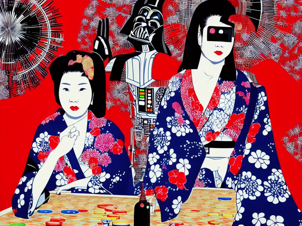 Image similar to hyperrealistic composition of the detailed woman in a japanese kimono sitting at a extremely detailed poker table with detailed darth vader, fireworks, mount fuji on the background, pop - art style, jacky tsai style, andy warhol style, acrylic on canvas