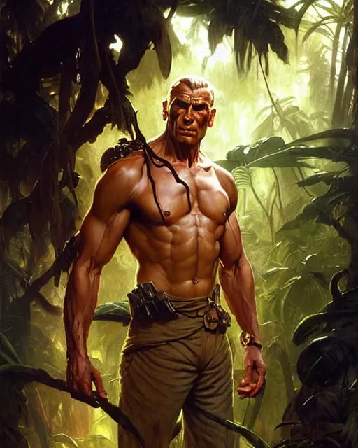 Image similar to doc savage in the jungle, fantasy character portrait, ultra realistic, concept art, intricate details, highly detailed by frank frazetta greg rutkowski, gaston bussiere, craig mullins, simon bisley ruan jia and mandy jurgens and artgerm and william - adolphe bouguereau and frank frazetta