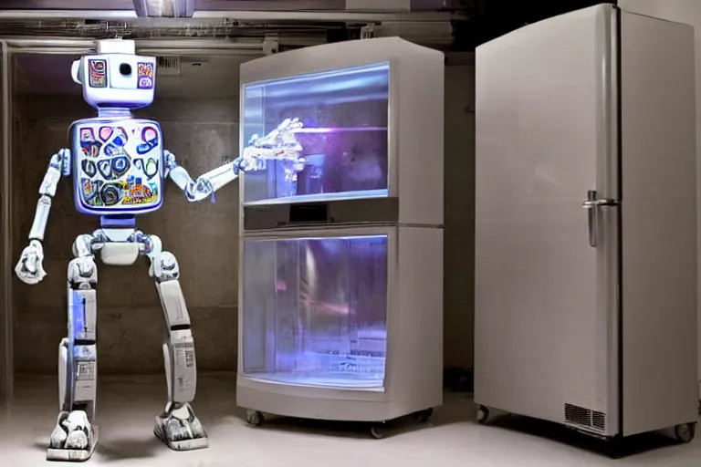 Prompt: a robot opening a fridge filled with water, from 1 9 8 5, bathed in the glow of a crt television, crt screens in background, low - light photograph, in style of chrome hearts